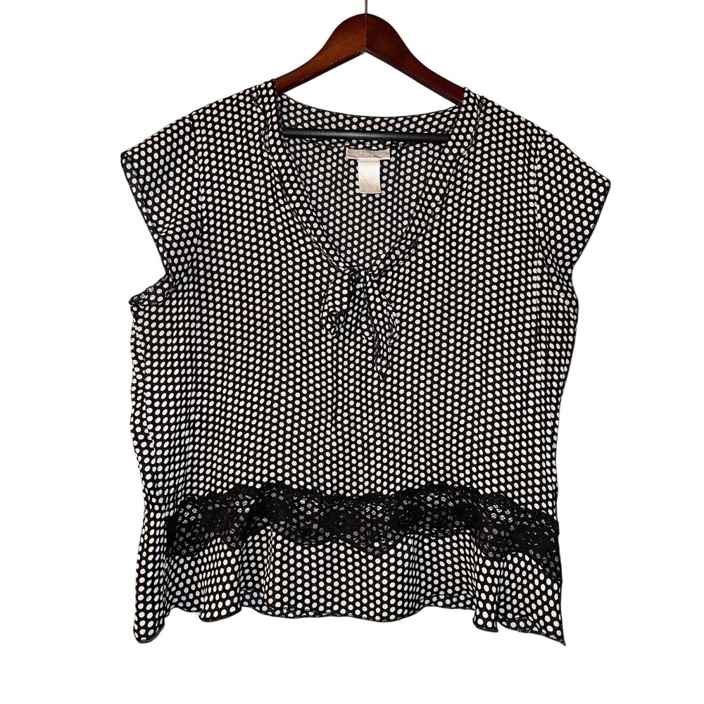 Worthington Blouse Womens XL Petite Black Polka Dot Ruffle Lace Work Grunge